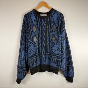 Vintage Eric Rhodes Geometric Knit Sweater Blue and Black Leather Accents Size M